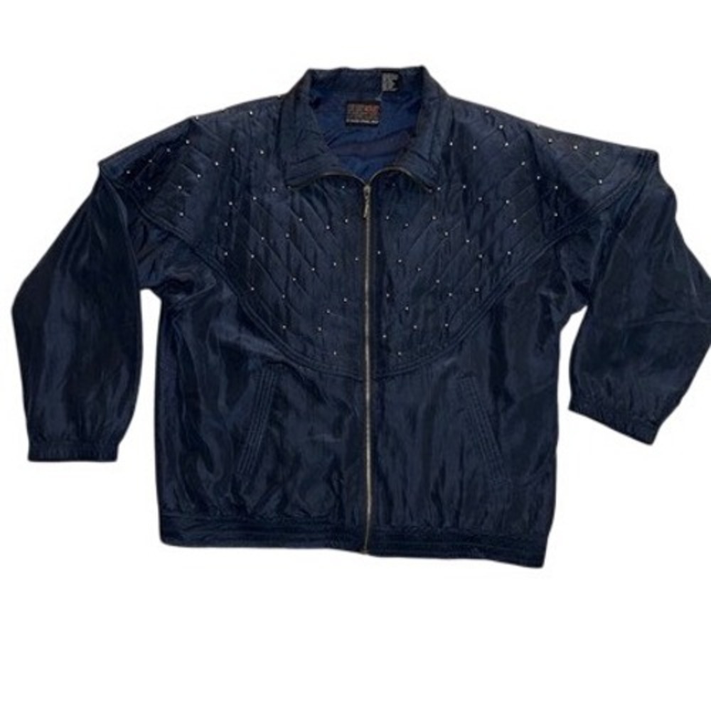 Vintage Mureli Navy‎ Blue 100% Silk Quilted Studded Bomber Jacket Womens Medium